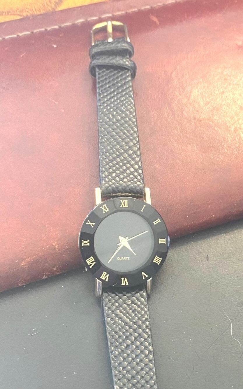 Women's Gold Tone Watch, Black Bezel with Roman Numeral Markings, Black Band